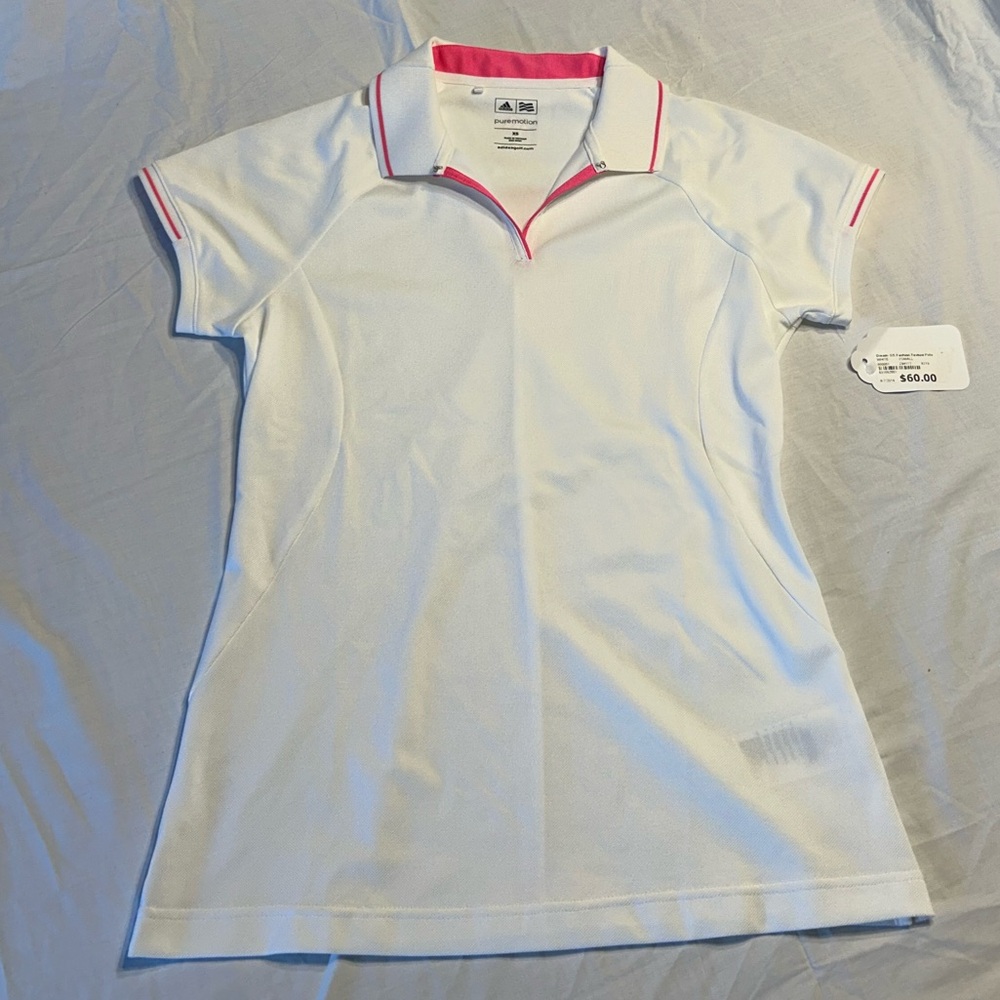 NWT Adidas White and Pink Polo Shirt. Size XS